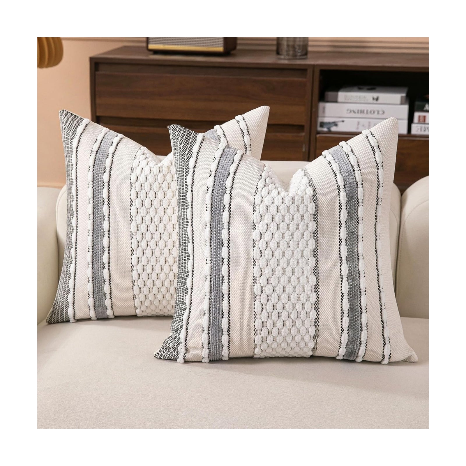 Boho Striped Throw Pillow Covers Farmhouse Square Decorative / Black White / 18 x 18 / Set of 2