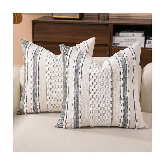 Boho Striped Throw Pillow Covers Farmhouse Square Decorative / Black White / 18 x 18 / Set of 2