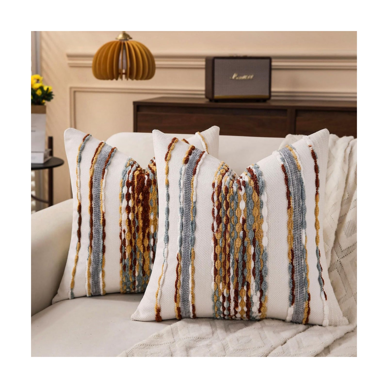 Boho Striped Throw Pillow Covers Farmhouse Decorative Pillow / Brown White / 18 x 18 / Set of 2