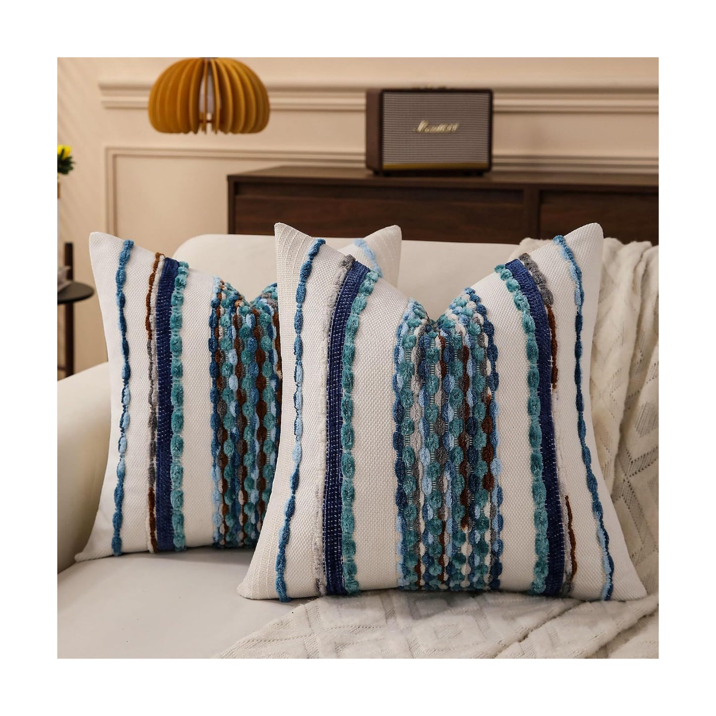 Boho Striped Throw Pillow Covers Farmhouse Square Decorative Pillow / Blue / 18 x 18 / Set of 2