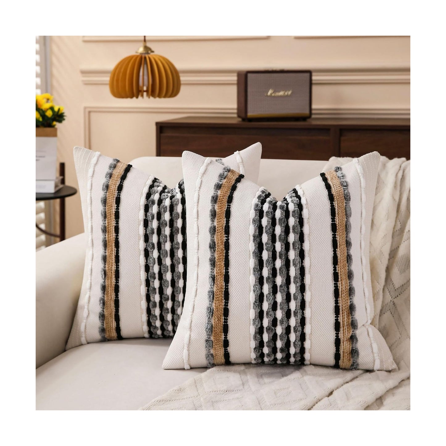 Boho Striped Throw Pillow Covers Farmhouse Square Decorative / Black Grey / 18 x 18 / Set of 2