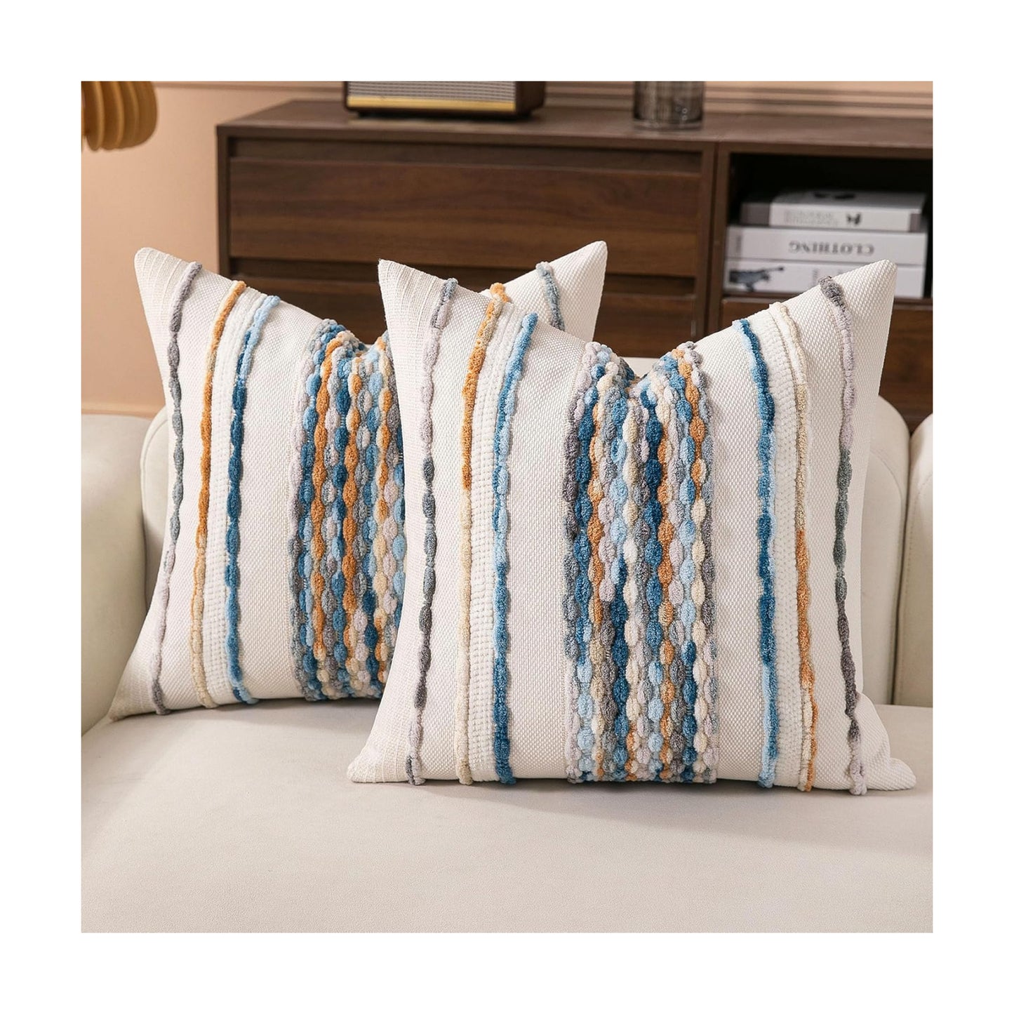 Boho Striped Throw Pillow Covers Farmhouse Square / Caramel Brown Blue / 18 x 18 / Set of 2