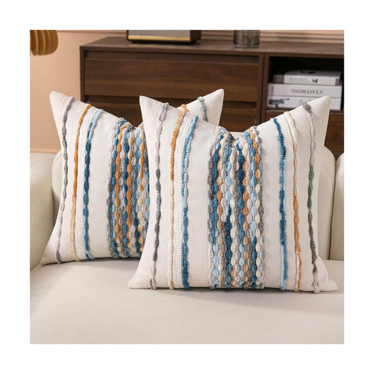 Boho Striped Throw Pillow Covers Farmhouse Square / Caramel Brown Blue / 18 x 18 / Set of 2