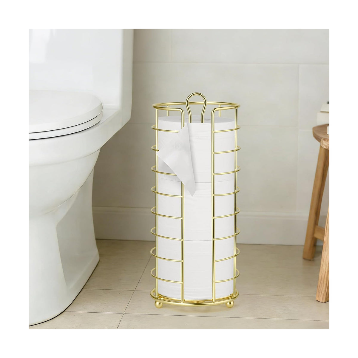 Toilet Paper Holder Stand,Freestanding,Gold | Bathroom Toilet Paper Organizer, 3 Mega Roll Toilet Paper Holder for