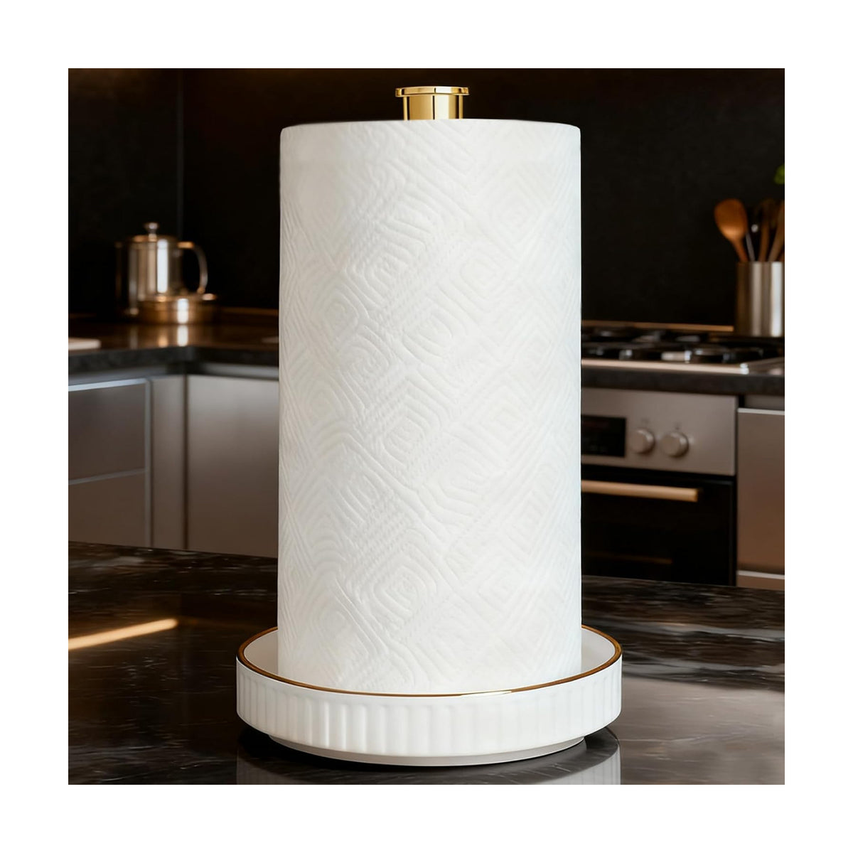 Paper Towel Holder, Ceramic Heavy Plate Base Wobble-Free, Roll Stand-Gold | Effortless Cleaning and Easy to Assemble