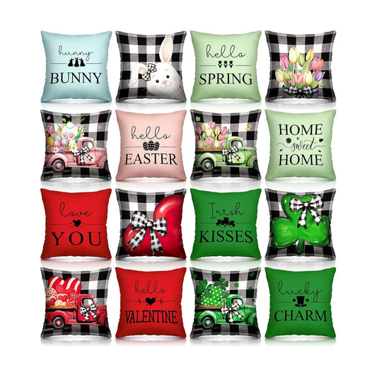 GlikCeil Set of 16 Easter Pillow Covers 18 x 18 Inch Buffalo Plaid Throw Pillow Covers Valentine's Day St. Patrick's Day Easter Spring Pillowcases Decorative for Farmhouse Home Couch Sofa Decor
