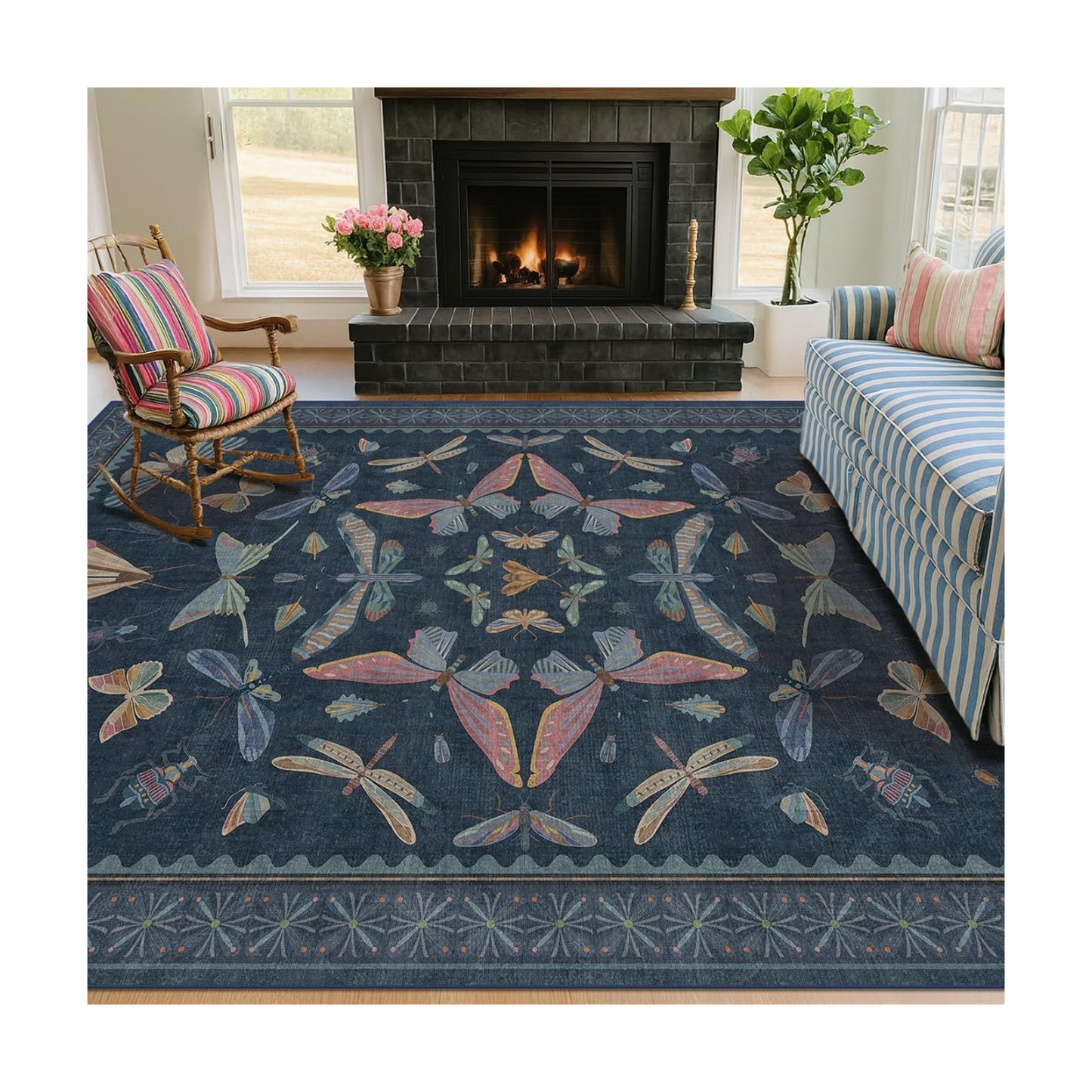 Blue 5x8 Washable Living Room Rugs - Stain Resistant Non Slip Insect Rug for Dining Room, Low Pile & Soft Carpet for