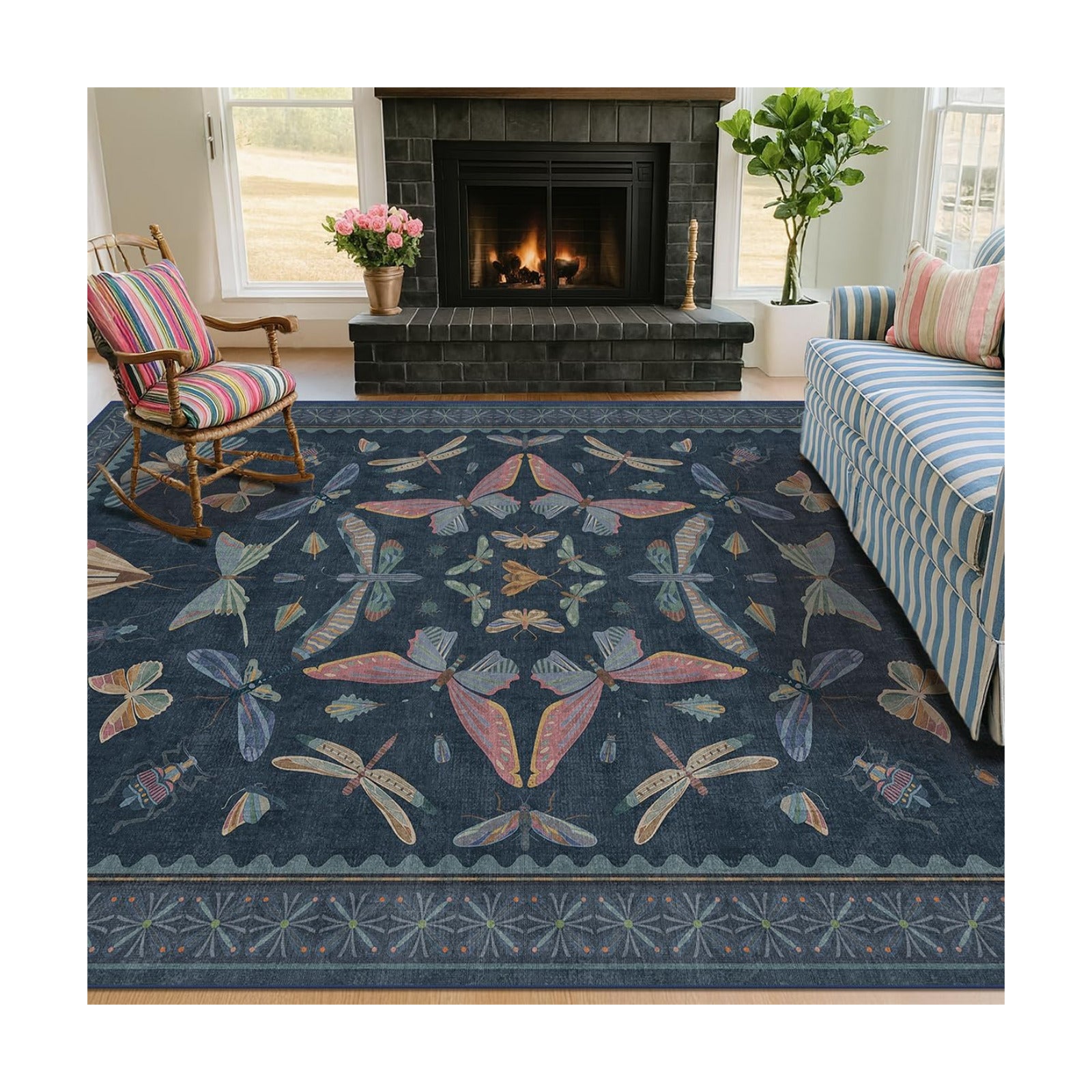 Blue 5x8 Washable Living Room Rugs - Stain Resistant Non Slip Insect Rug for Dining Room, Low Pile & Soft Carpet for