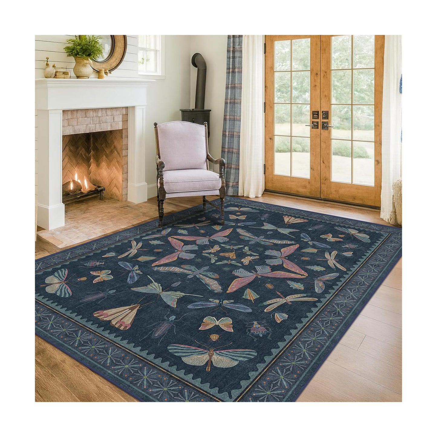 5x7 Navy Blue Boho Rugs for Living Room, Stain Resistant Non Slip Area Rug for Dining Room, Whimsical Bedroom Insect