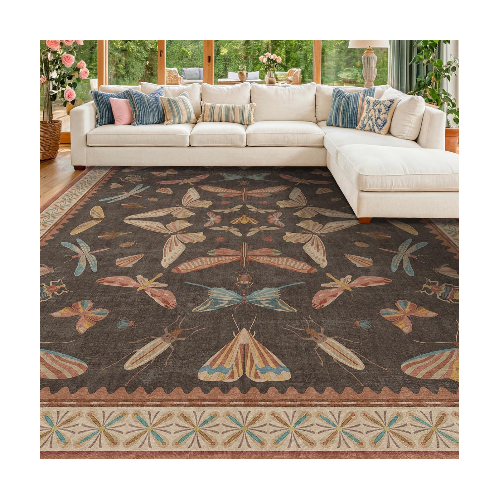 Brown Large 8x10 Living Room Area Rug, Unique Washable Insect Rugs for Bedroom, Stain Resistant Farmhouse Carpet for
