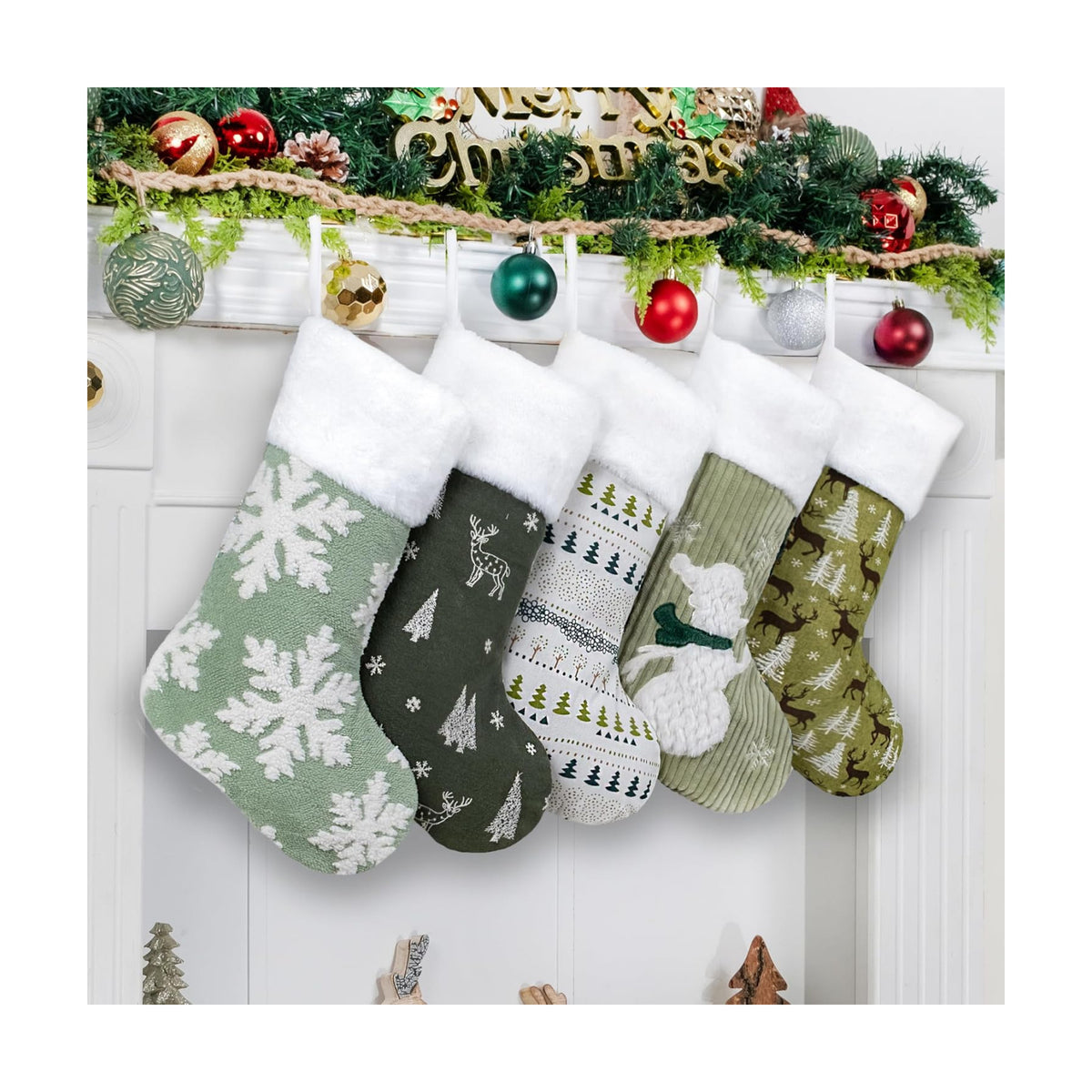 LUBOT Set of 5 Pack Christmas Stockings Applique Sequin Embroidery Craft Mix Plush Classic Rustic Large Family Xmas Stocking Set Fireplace Hanging Holiday Decor