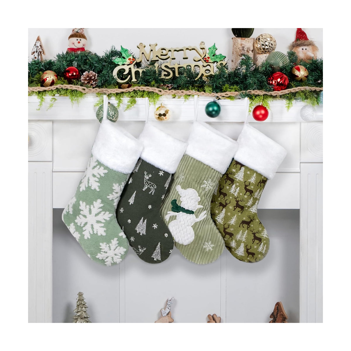 LUBOT Set of 4 Pack Christmas Stockings Applique Sequin Embroidery Craft Mix Plush Classic Rustic Large Family Xmas Stocking Set Fireplace Hanging Holiday Decor