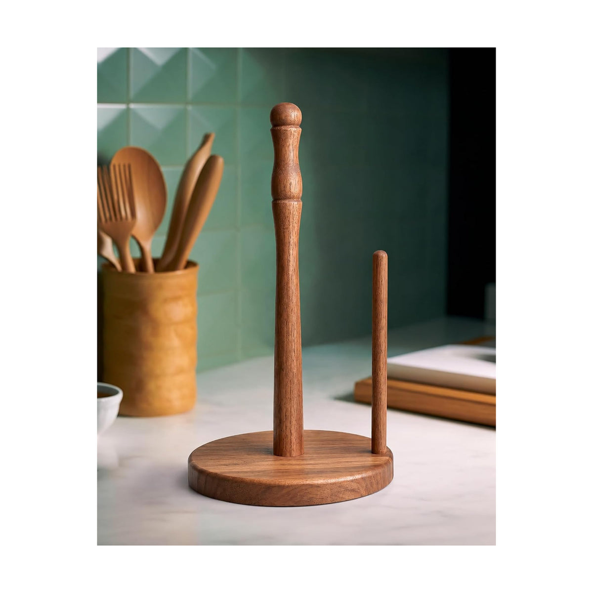 Farmhouse Acacia Wood Paper Towel Holder Countertop, Weighted Base for Kitchen & Bathroom, One-Handed Operation, Wooden