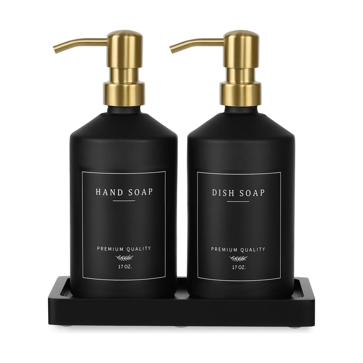 Black Glass Kitchen Hand and Dish Soap Dispenser Set, Bathroom Soap Dispenser Set with Tray and Stainless Steel Pump