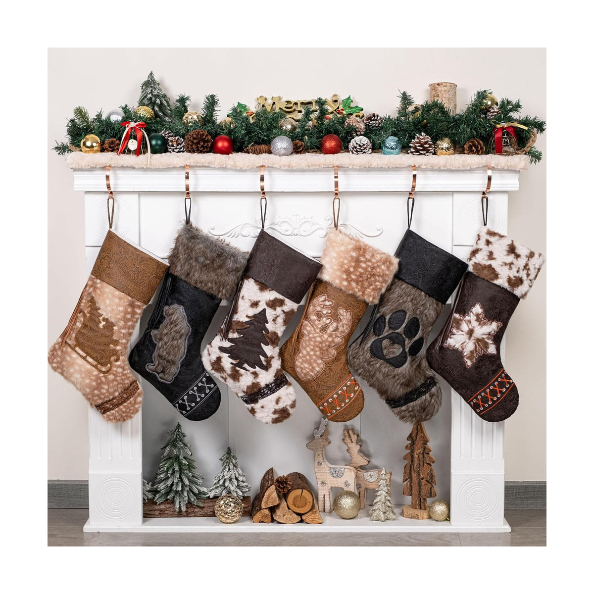 LUBOT Christmas Stockings Set of 6, Western Cowboy 20" Rustic Farmhouse Fireplace Hanging Décor Neutral Embossed Leather & Plush Faux Fur with Tassel Accents Large Family Xmas Stockings