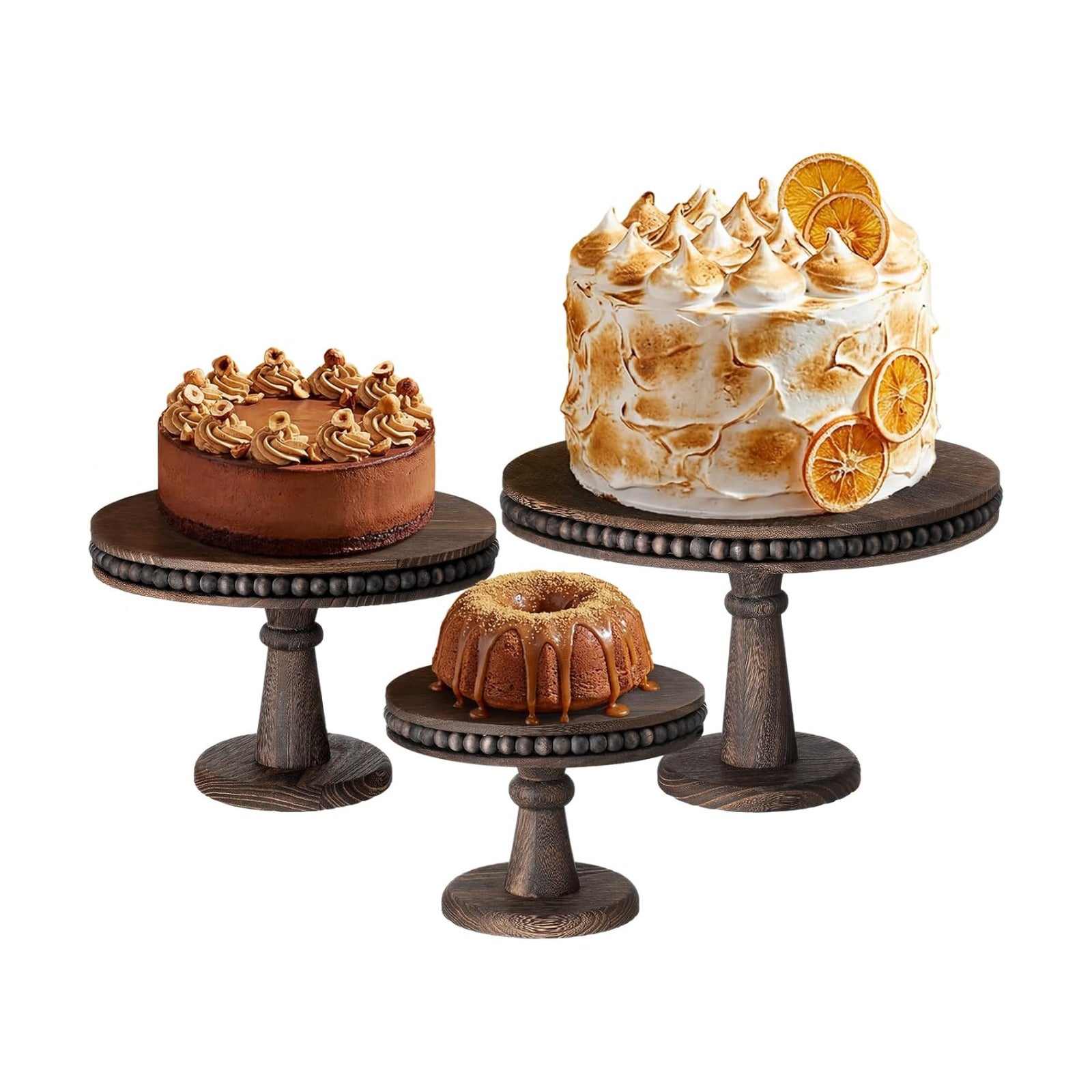 Round Wood Cake Stand Set Beaded Wooden Rustic Farmhouse Cupcake Pedestal Stand / 12 Inch / Set of 3