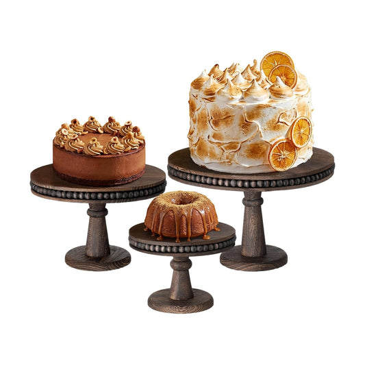 Round Wood Cake Stand Set Beaded Wooden Rustic Farmhouse Cupcake Pedestal Stand / 12 Inch / Set of 3