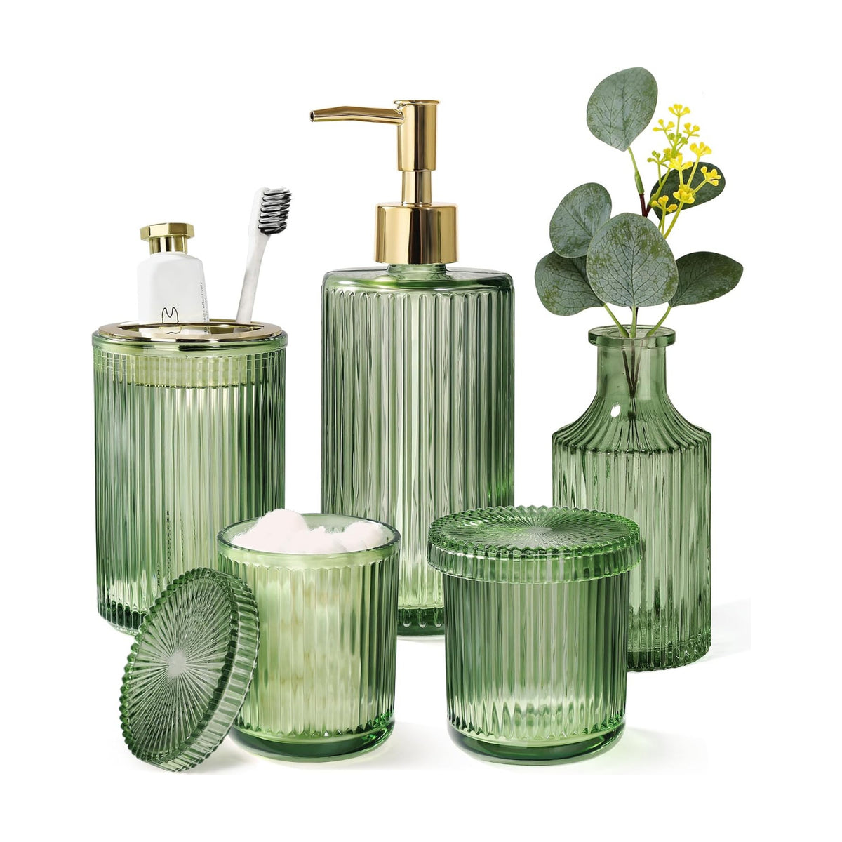 Green Bathroom Accessories 5 Pcs, Glass Bathroom Accessory Set, Vintage Green Bathroom Set, Sage Green Soap Dispenser