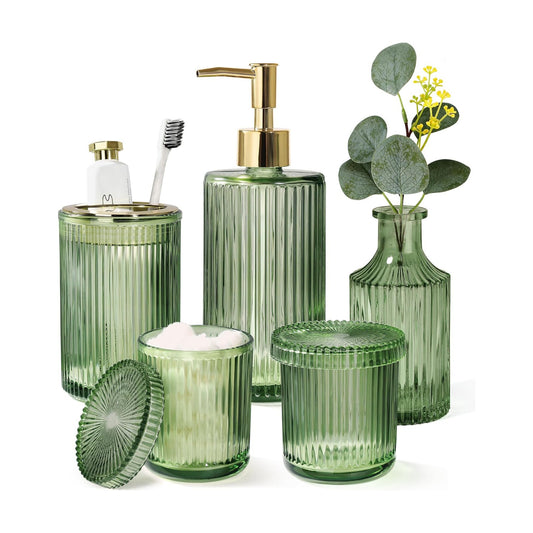 Green Bathroom Accessories 5 Pcs, Glass Bathroom Accessory Set, Vintage Green Bathroom Set, Sage Green Soap Dispenser