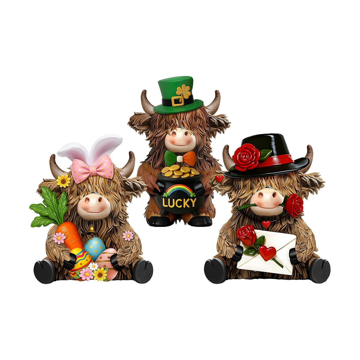 3 Pack Seasonal Resin Highland Cow Figurine St. Patrick's Day Easter Bunny Figurines Highland Cow Gifts Decor Resin Statue for Garden Table Shelf Home Decor Calf Gnome Herd Gifts