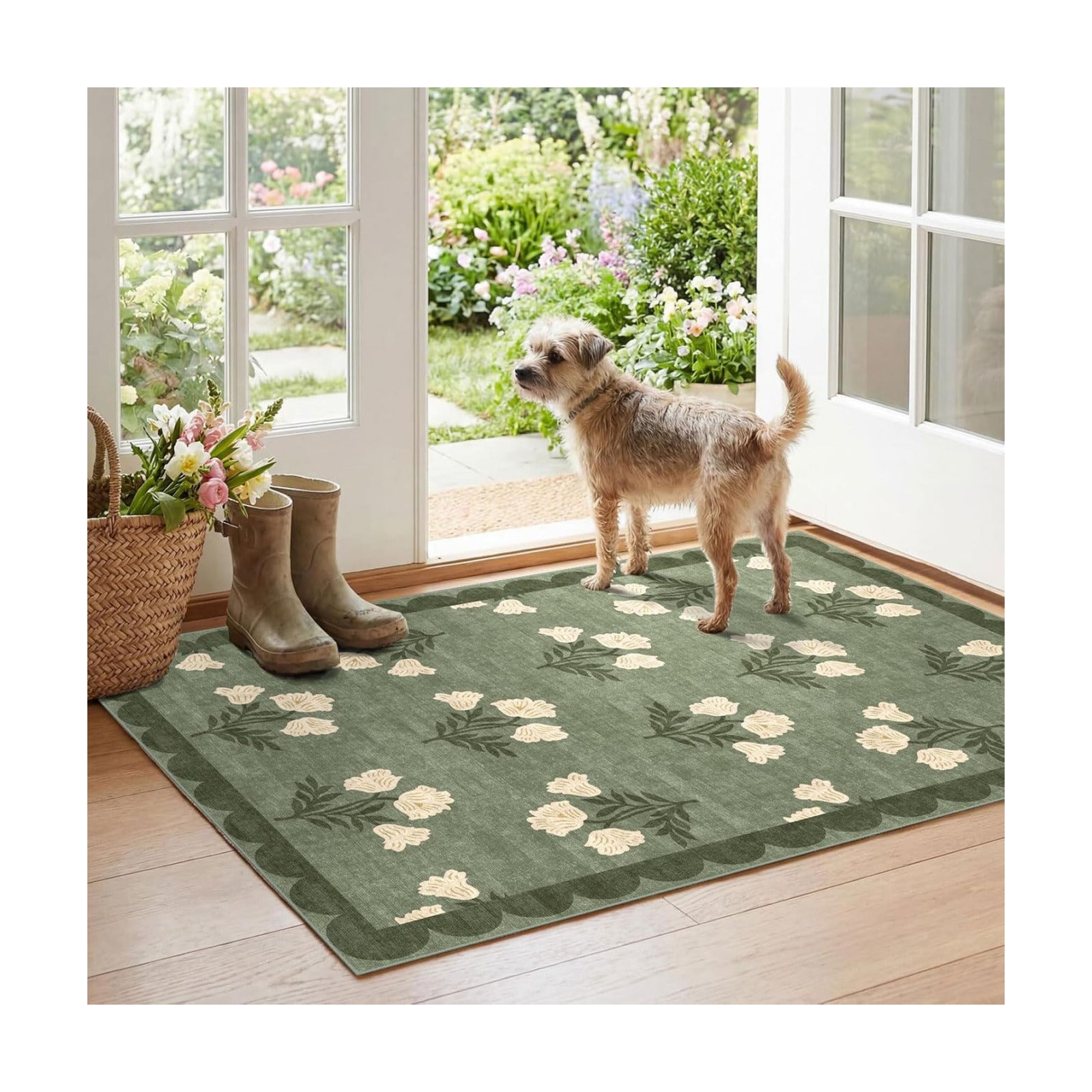 Floral Outdoor Rug - 28" x 43" Front Door Mat Indoor Outside Entrance Non-Slip Washable Outdoor Mat Sage Green Spring