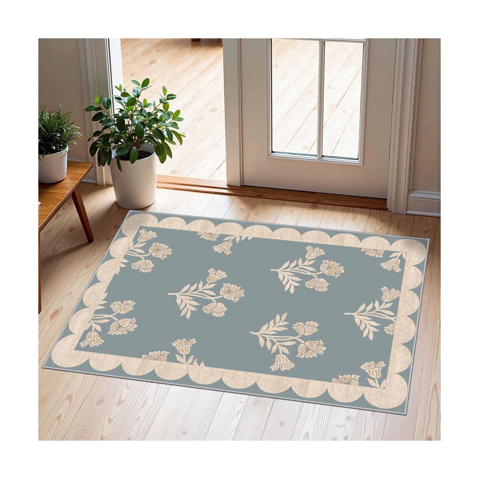 Front Door Mat Indoor Outside Entrance 2x3 Blue Scalloped Entry Rug