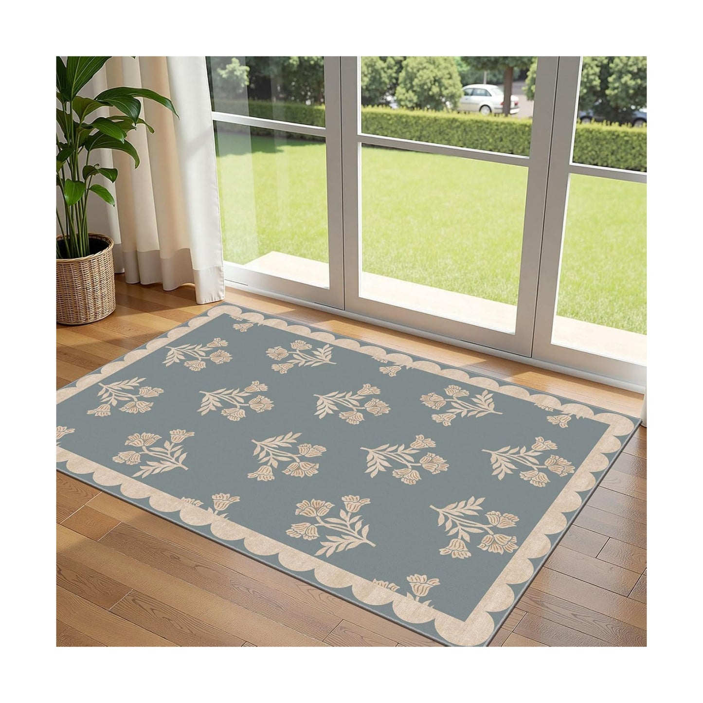 3x5 Floral Entry Rug - Small Washable Indoor Outdoor Mats for Front Door Non-Slip Porch Rug Blue Boho Farmhouse