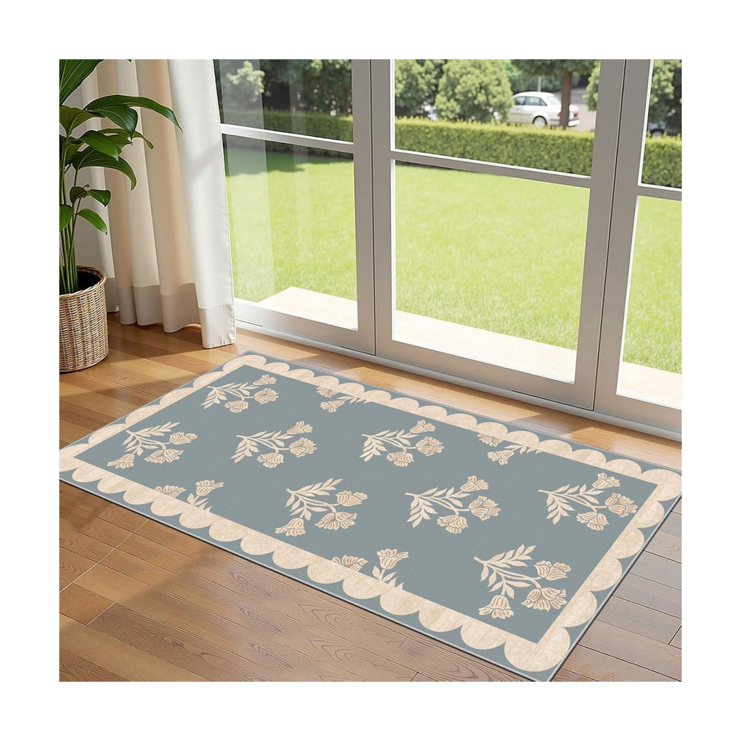Front Door Mat Indoor Entrance - 2x4.3 Ft Floral Washable Layered Doormat Outdoor Entrance Porch Rug Non-Slip Blue