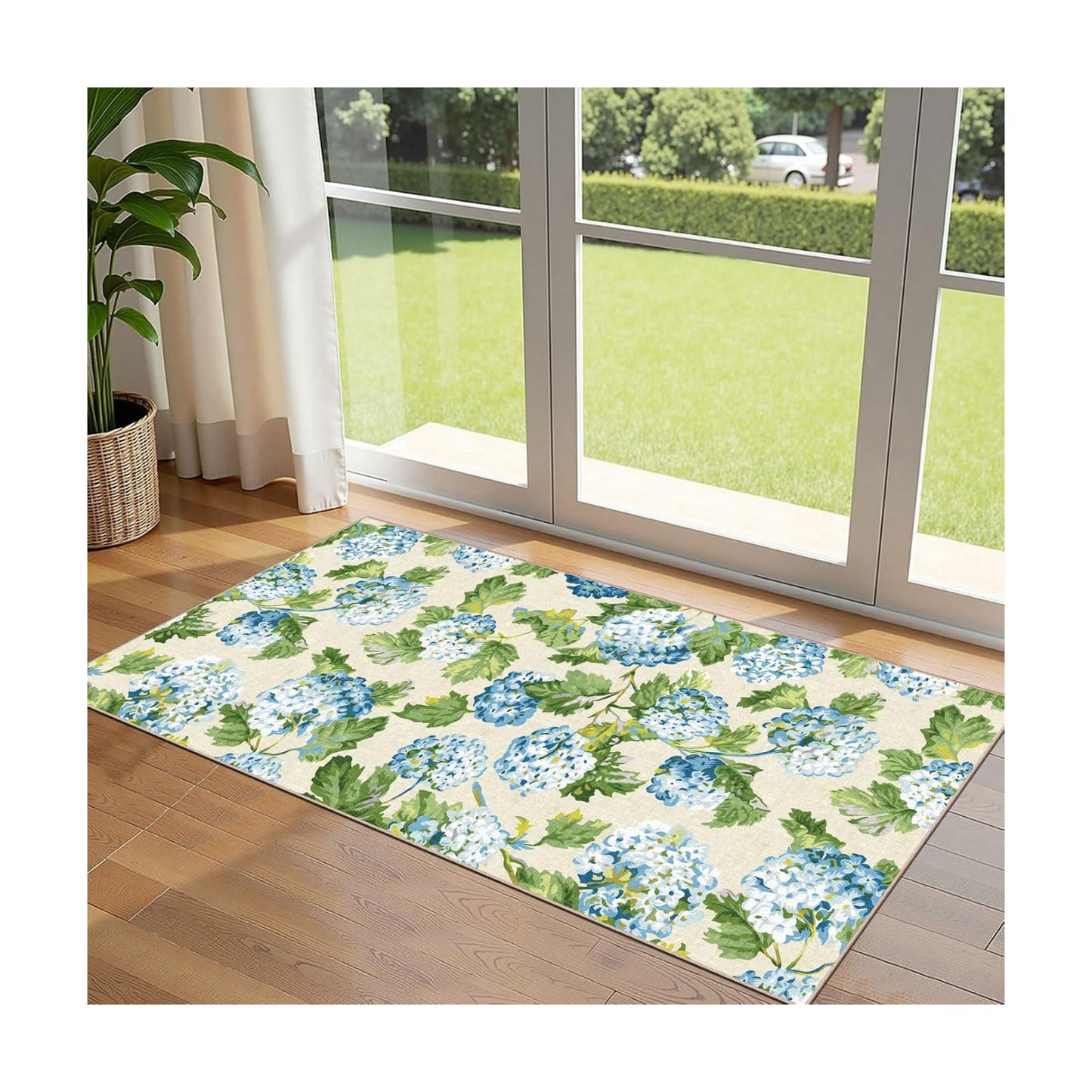 Front Door Mat Indoor Entrance - 2x4.3 Light Blue Green Floral Rug