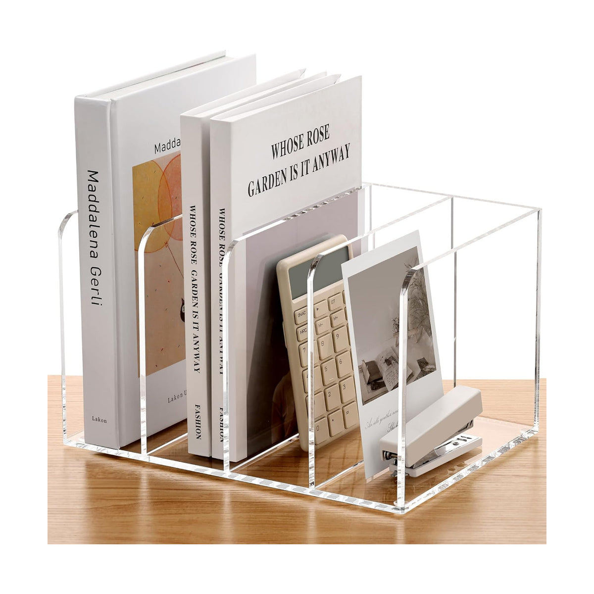 SANRUI Acrylic Magazine Holder Desk Organizer Workspace Sorter Clear 4 Slot | Bookend File Sorter Holder,Folder Rack