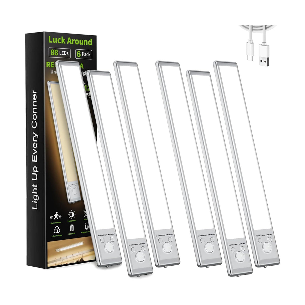 6 Pack Under Cabinet Lighting, 12in Rechargeable Motion Sensor Light Indoor | 3 Color Temperatures, 88 LEDs, Wireless