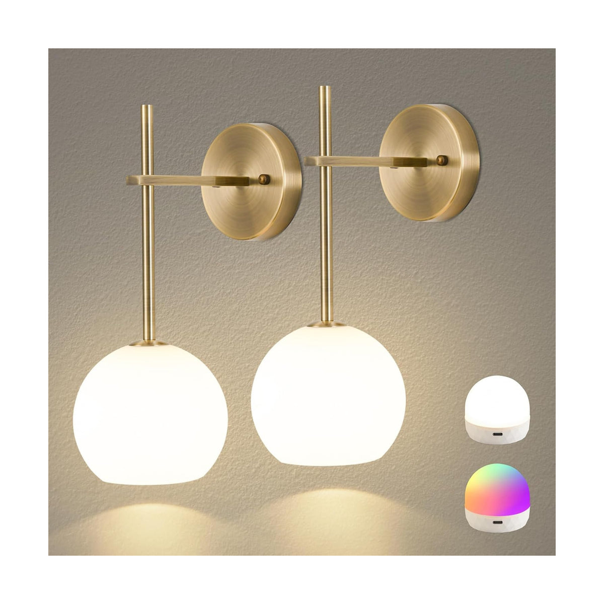 Brass Battery Operated Wall Sconces Set of 2, Rechargeable Wireless Wall Lights with Milky White Frosted Glass, 12 RGB
