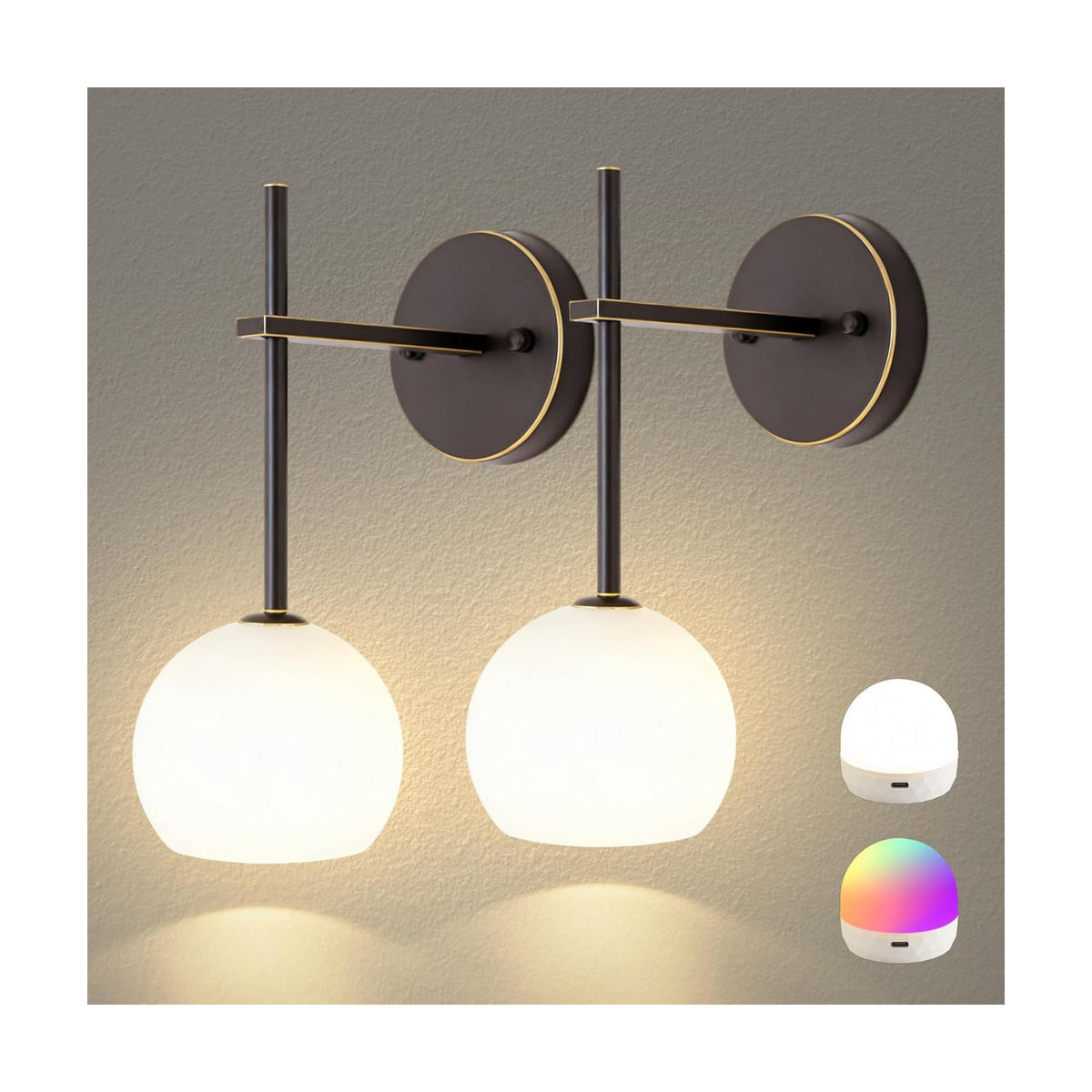 Brown Gold Battery Operated Wall Sconces Set of 2, Rechargeable Wireless Wall Lights with Milky White Frosted Glass, 12