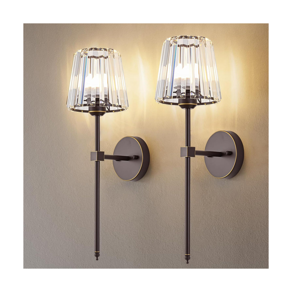 Crystal Battery Operated Wall Sconces Set of 2, Brown and Gold Rechargeable Wireless Wall Lights with Crystal