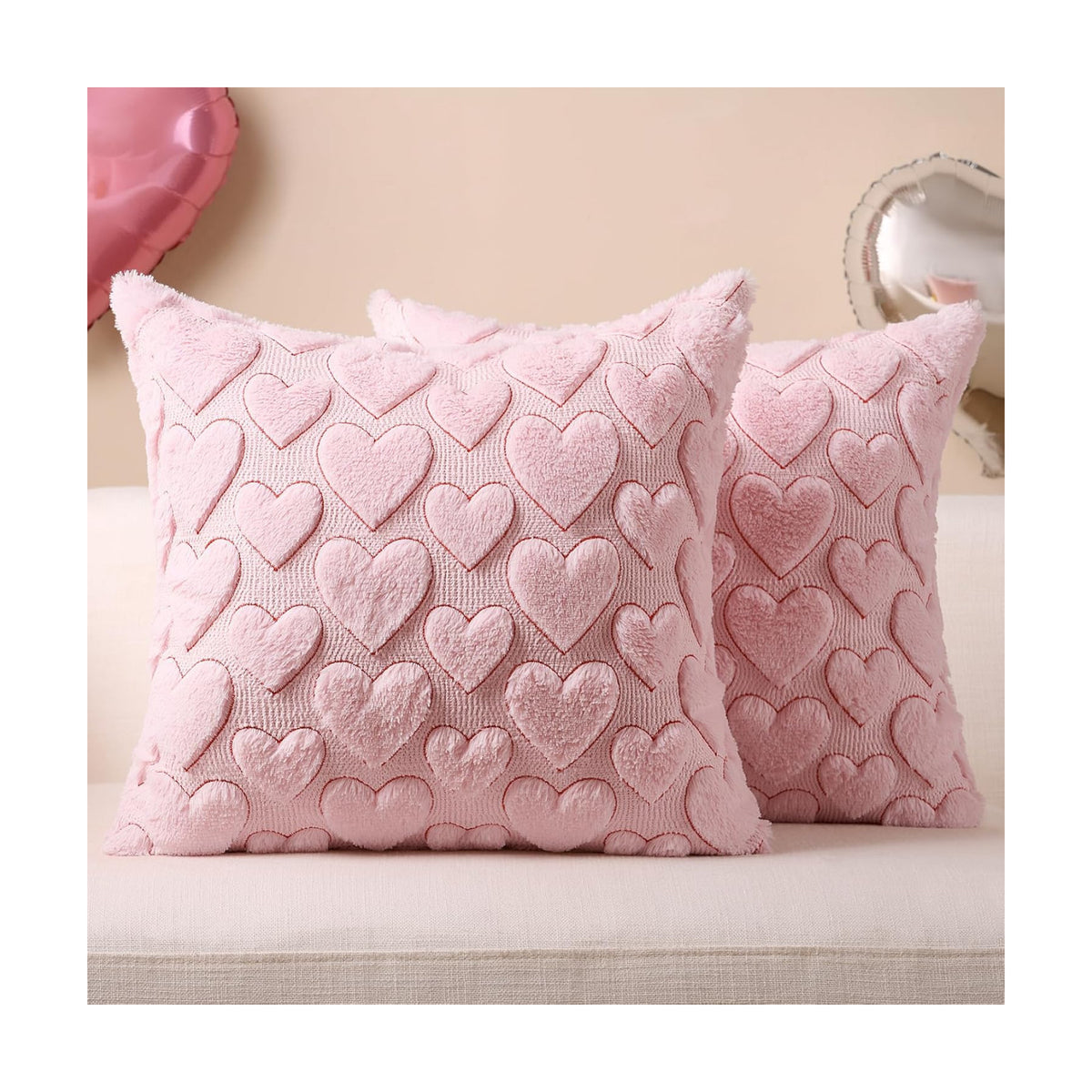 Softalker Pink Heart Pillow Covers 18 x 18 Inch Set of 2, Spring Summer Soft Faux Fur Cushion Covers, 3D Embroidered Pillow Cases for Girl's Room Decor