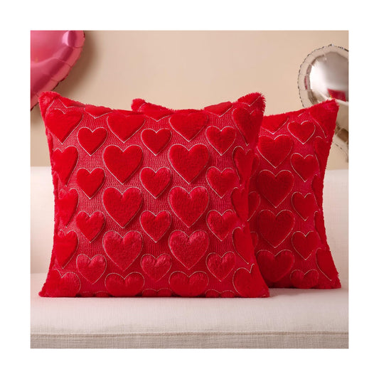 Softalker Red Heart Pillow Covers 18 x 18 Inch Set of 2, Mother's Day Decorative Soft Faux Fur Cushion Covers, 3D Embroidered Pillow Cases for Spring Summer Home Decor