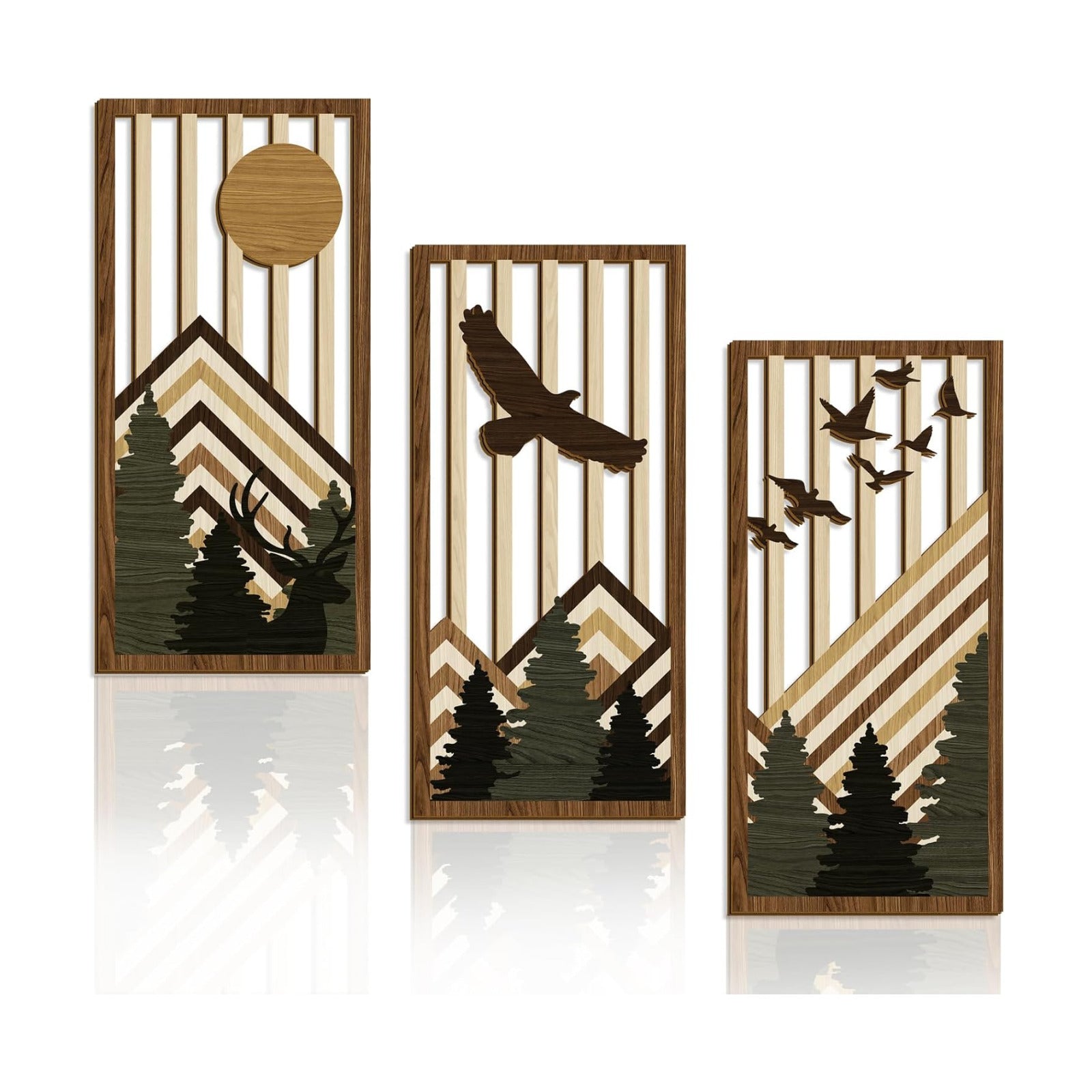 Wooden Boho Mountain Wall Art Mid Century Modern Wall Decor Nature / Brown Mountain / Set of 3