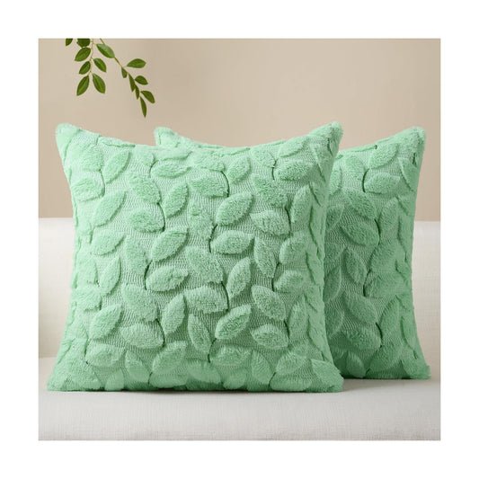 Softalker Spring Summer Throw Pillow Covers 18 x 18 Inch Set of 2, Green Leaves Soft Plush Faux Fur Cushion Covers, 3D Embroidered Pillow Cases for Couch Bedroom Living Sofa Room Home Decor, Sage