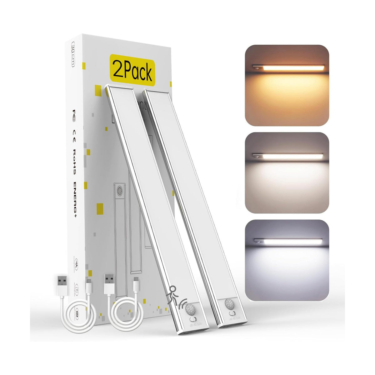 DAYBETTER 12inch Under Cabinet Lighting,2 Pack Motion Sensor Light Indoor | Rechargeable,3 Color Temps,5 Levels
