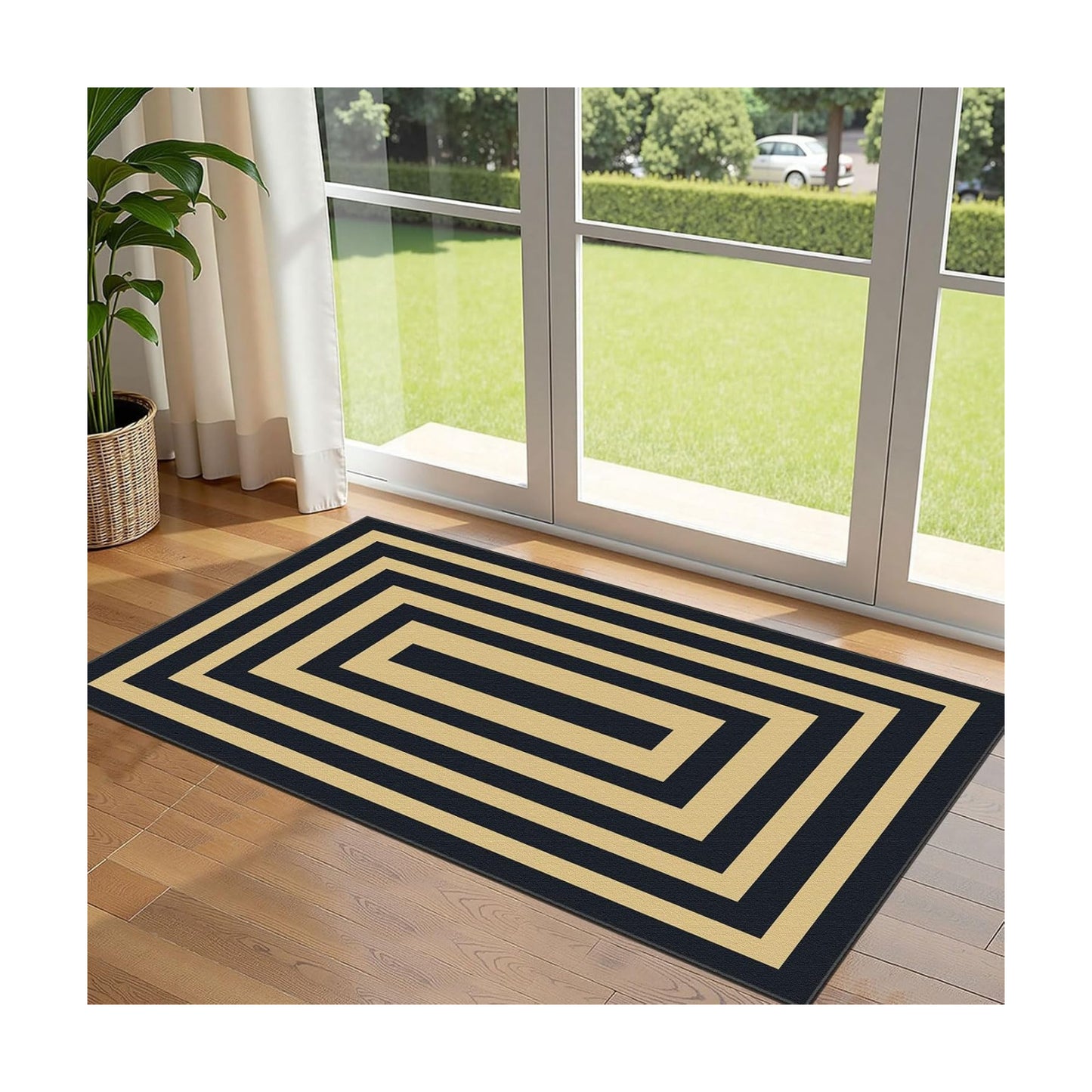 Front Door Mat Indoor Entrance - 2x4.3 Modern Black Tan Striped Rug