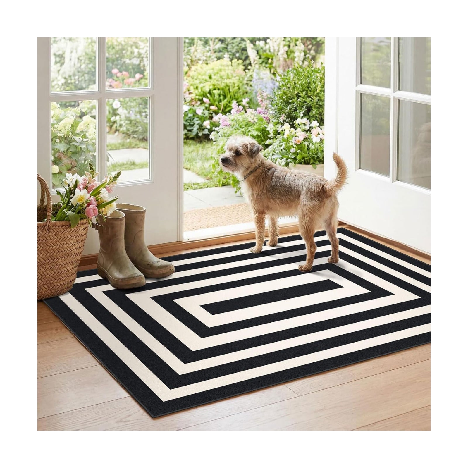 Modern Outdoor Rug - 28" x 43" Front Door Mat Indoor Outside Entrance Non-Slip Washable Outdoor Mat Black White