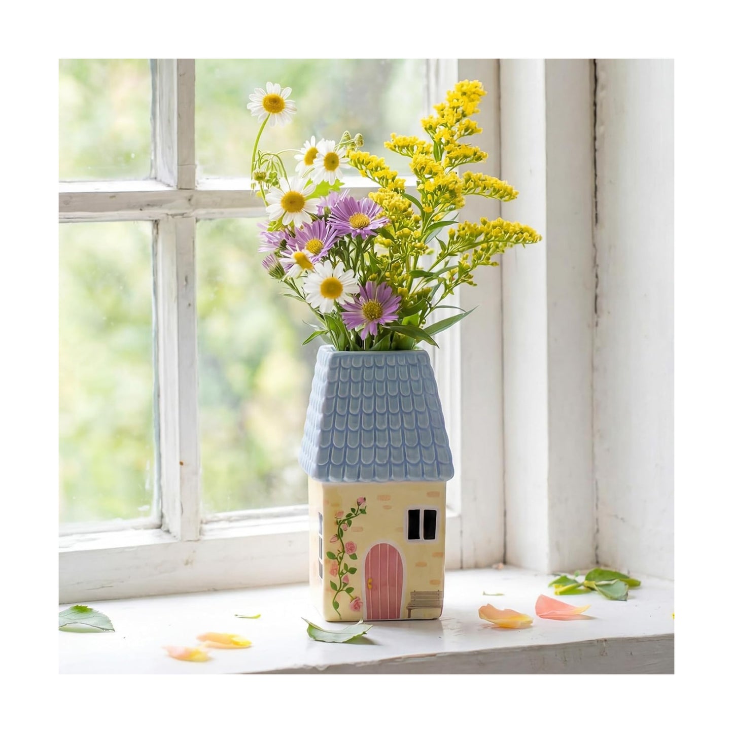 Ceramic House Shape Vase Mini Handmade Vase Decorative Small Flower Container / Blue / 2.4 x 3.8