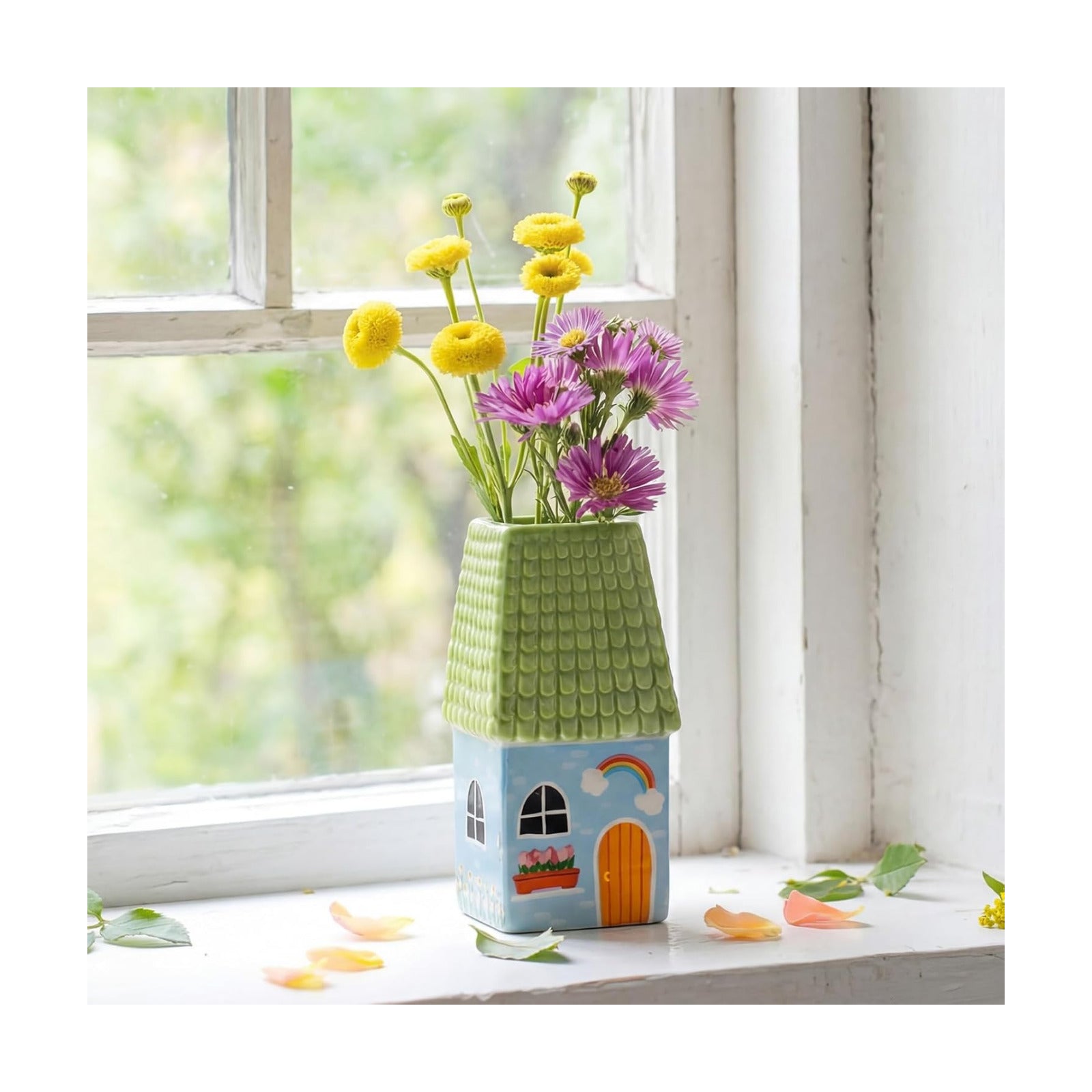 Ceramic House Shape Vase Mini Handmade Vase Decorative Small Flower Container / Green / 2.4 x 3.8