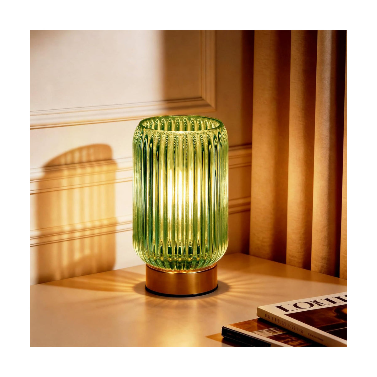 MJ PREMIER Battery Operated Lamp, Small Cordless Lamp with Timer, Green | Vertical Stripes Glass Lampshade, Small Table