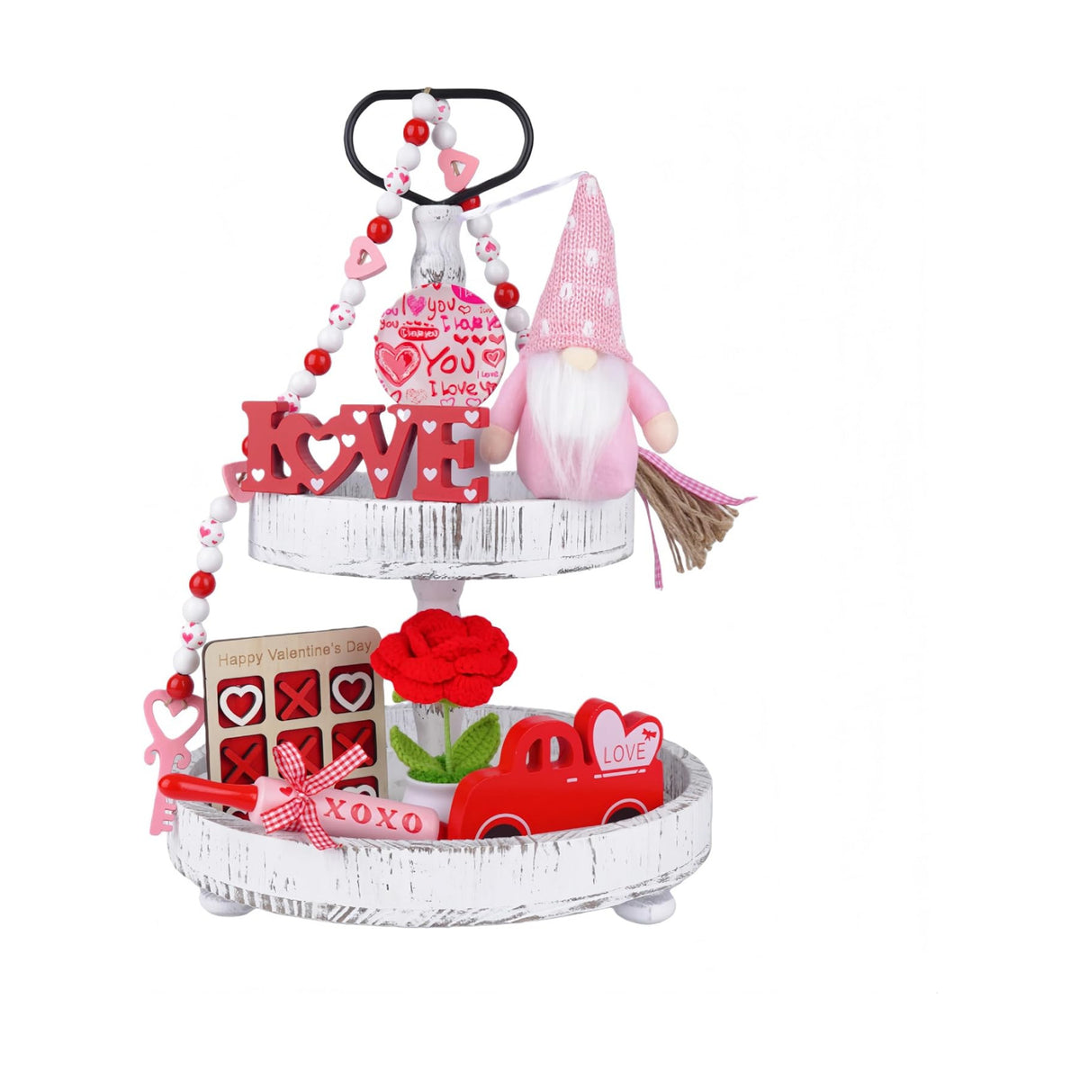 8 PCS Valentine's Day Tiered Tray Decor, Valentine Home Decor for Table,Wooden with LOVE and Car,Handmade Crochet Rose, XOXO Rolling Pin, Gnome, Farmhouse Fireplace Mantle Decor , Home Kitchen Decorations Valentines Day Gift Idea