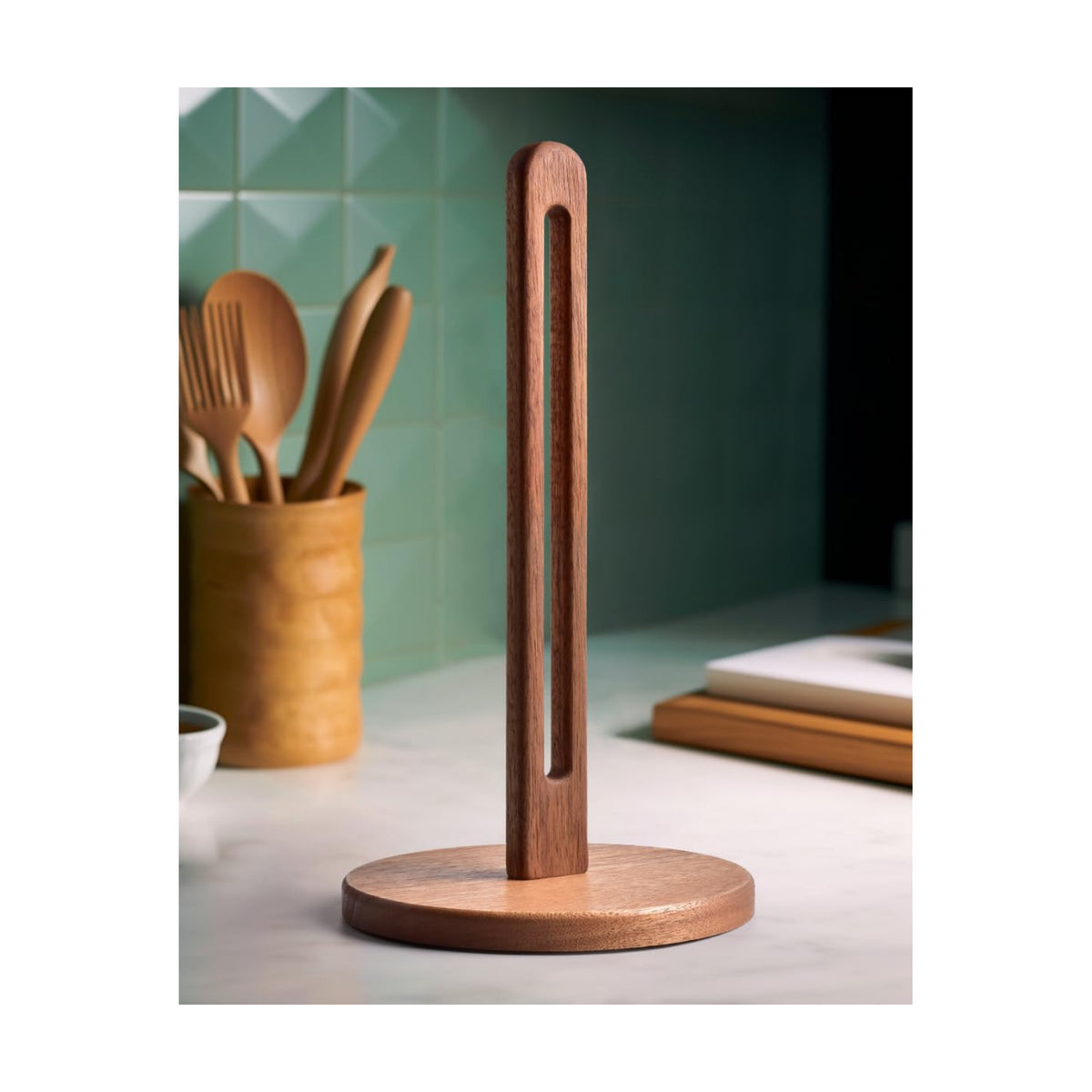 KitchLife Acacia Wooden Paper Towel Holder Countertop, 6.5" Jumbo Base, Fits Jumbo Rolls, Large Freestanding Dark Wood