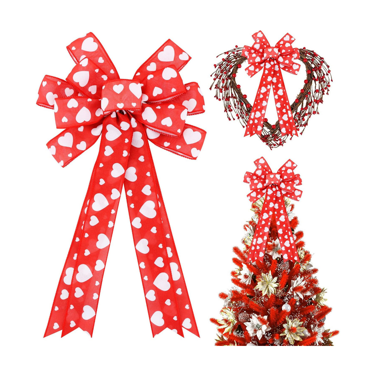 TONIFUL Valentine Tree Topper Bow with Heart Red Valentines Burlap Wreath Bow for Front Door Home Decor Wedding Anniversary Proposal Party Decor(11" x 20"