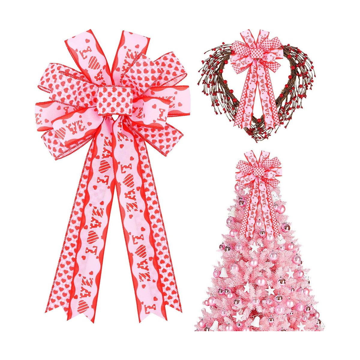 TONIFUL Valentine Tree Topper Bow with Pink Love Heart Valentines Burlap Wreath Bow for Front Door Home Decor Wedding Anniversary Proposal Party Decor(11" x 20"