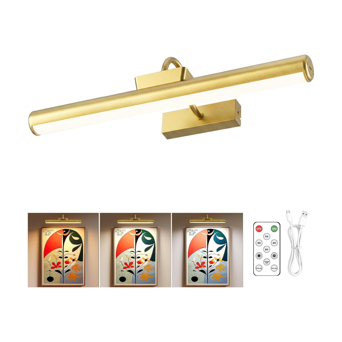 16" Wireless Picture Lights for Wall, Rechargeable Art Light, 1Pack Gold | Aluminum Photo Frame Light, Remote & Touch