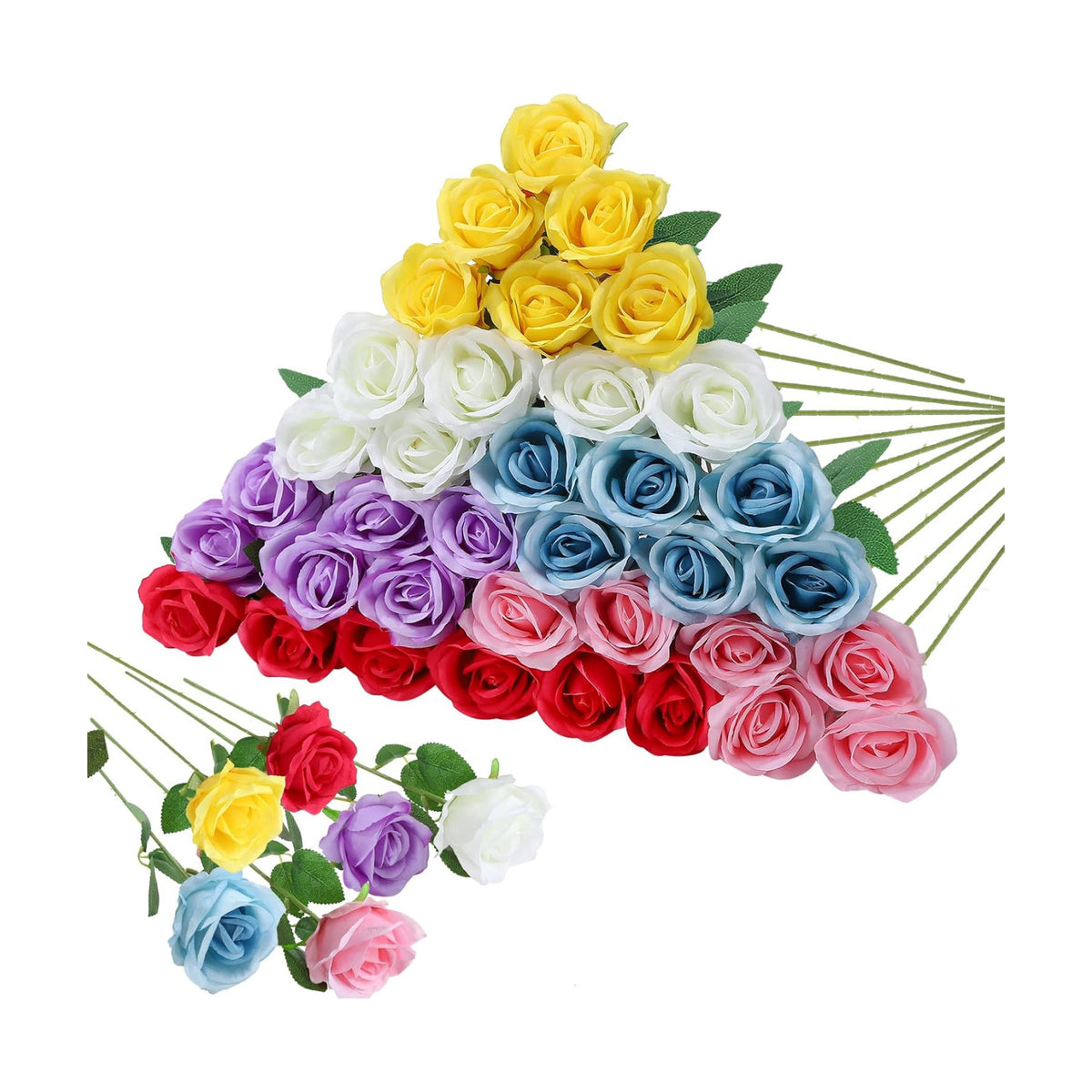 36 Pcs Mixed 6 Color Artificial Roses with Long Stems